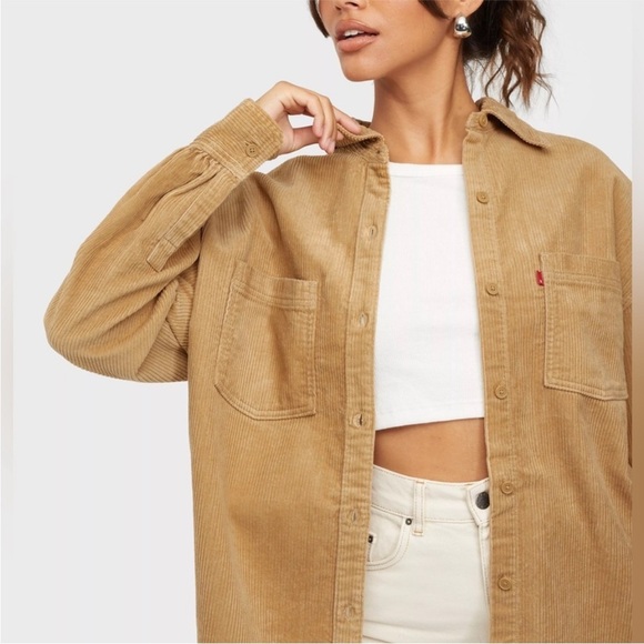 Levi’s Corduroy Remi Utility Button Down Oversized Jacket Shirt Iced Coffee - Picture 3 of 16